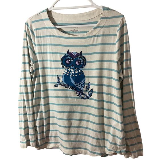 Talbots Large Petit LP Owl Knit Top Long Sleeve Teal / White Stripe Excellent - Picture 6 of 6